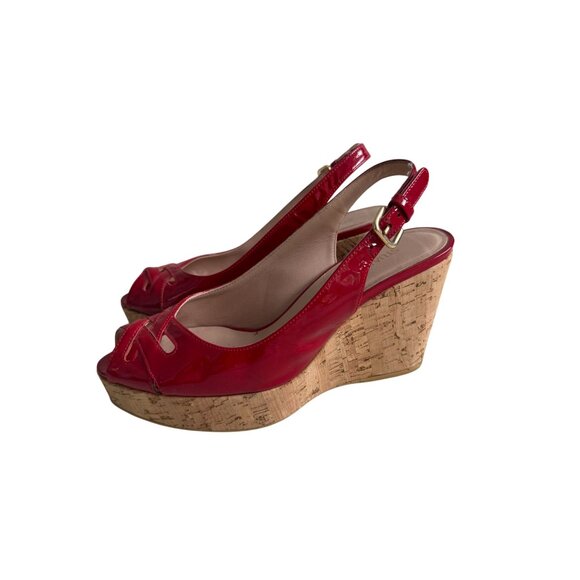 STUART WEITZMAN Red Patent Leather Cork Wedges Sandals Size 7 - Picture 3 of 10